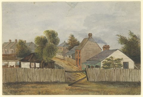 Unidentified street, possibly Flinders Lane, Melbourne, 1844–65
