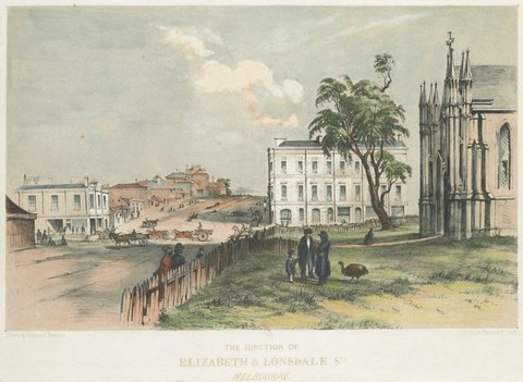 The junction of Elizabeth & Lonsdale Sts Melbourne, 1853