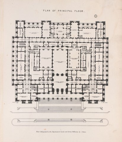 Plan of principal floor ; and, Longitudinal Section, Houses of Parliament, Melbourne, 1886