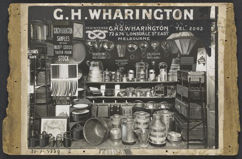 Display of goods manufactured by G.H.G. Wharington Tinsmith and Japanning Works, Lonsdale Street, Melbourne, 1889