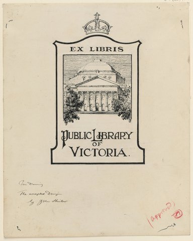 Bookplates for Melbourne Public Library designed and drawn by John Shirlow, 1935