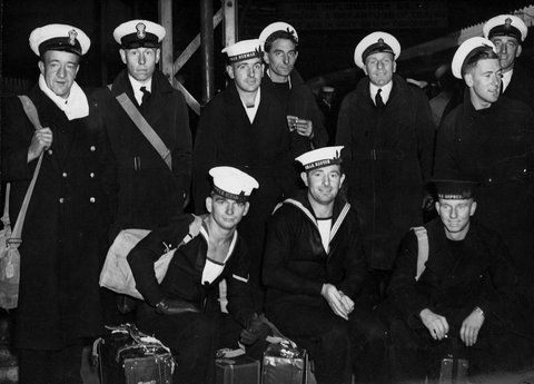 Australian seamen who have arrived back in Australia waiting for friends at Spencer St. Railway Station, Melbourne, 1939–45