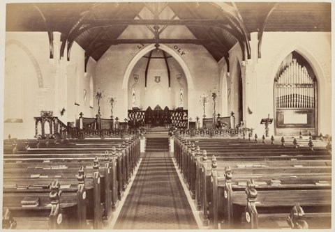 Interior of a church possibly Christ Church, South Yarra, 1882