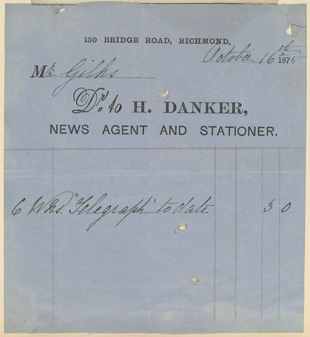 Receipt from H. Danker, newsagent and stationer, 150 Bridge Road, Richmond, 1851–85