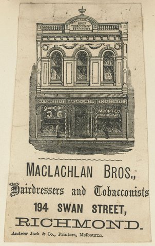 Maclachlan Bros., hairdressers and tobacconists, 194 Swan Street, Richmond, 1851–85