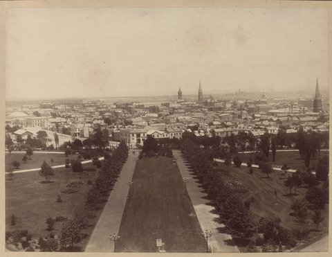 View of Melbourne (South West) from the terrace of the Exhibition Building, Carlton Gardens, 1883