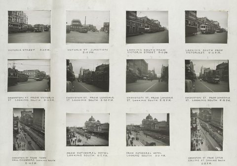 [Melbourne trams on Victoria and Swanston Streets], 1940–50