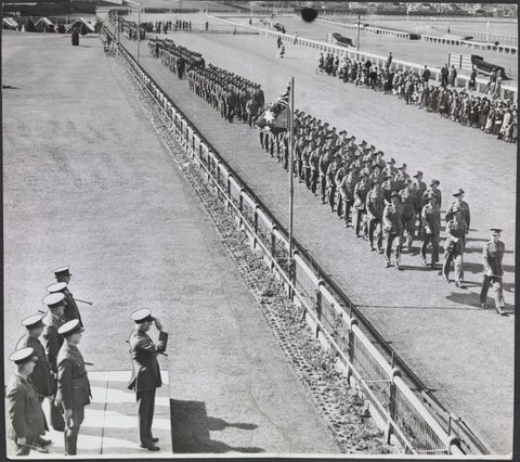Governor Geneal [i.e. General] inspects A.I.F. at Caulfield [Racecourse], c. 1940