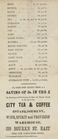 City tea & coffee establishment, wine, spirit and provision warehouse, 220 Bourke St. East near the Parliament House, 1851–85