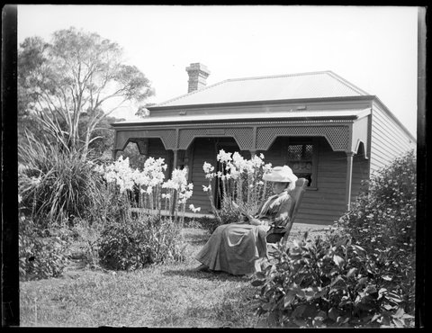 Georgina Wardell sitting outside "Ivanhoe", Sorrento, [Vic.], 1905