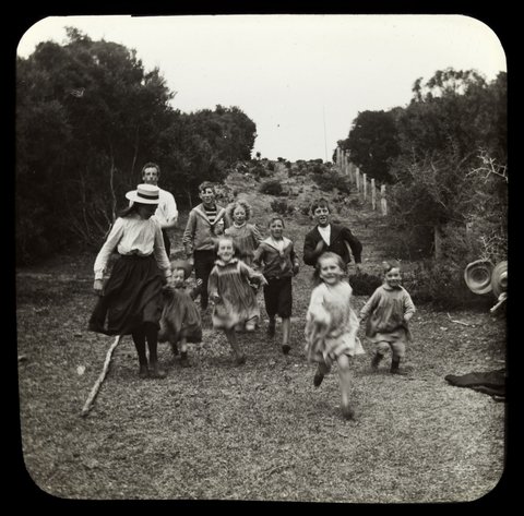 Children running down hill, [near "Ivanhoe", Sorrento] - 1907