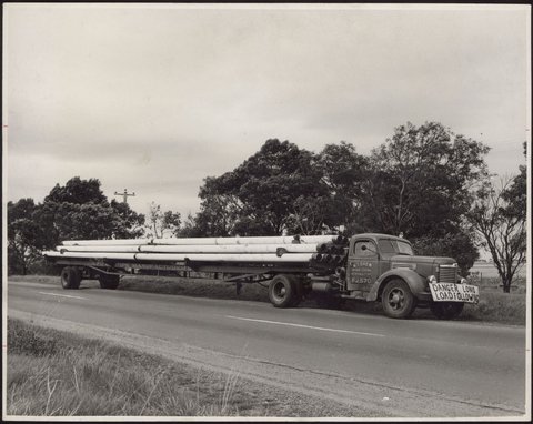 A Delivery Of Pipe Sections To The Site On The Melbourne/Geelong Road For Construction Of Shell Refinery, Geelong, Vic, 1953?