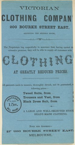 Advertisement for Carlton Prize Ale, Carlton Brewery, Melbourne and Victorian Clothing Company, 1851–85