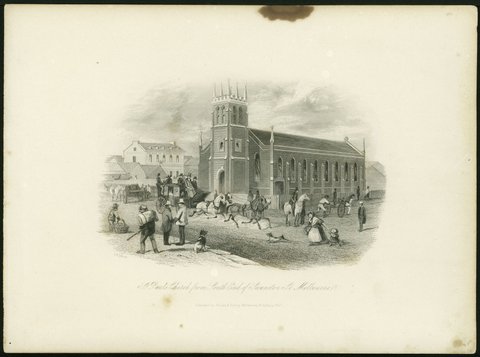 St. Paul's Church from south end of Swanston St., Melbourne, 1857
