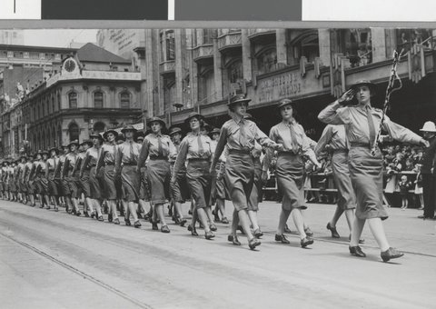 About 1500 women in uniform from the combined services marched through Melbourne, 1943