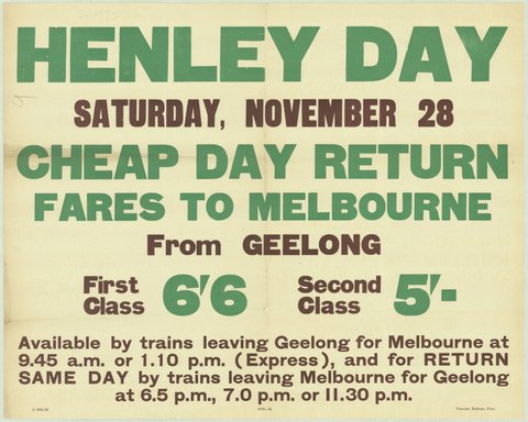 Henley Day - Saturday November 28 - cheap day return fares to Melbourne from Geelong, 1935–42