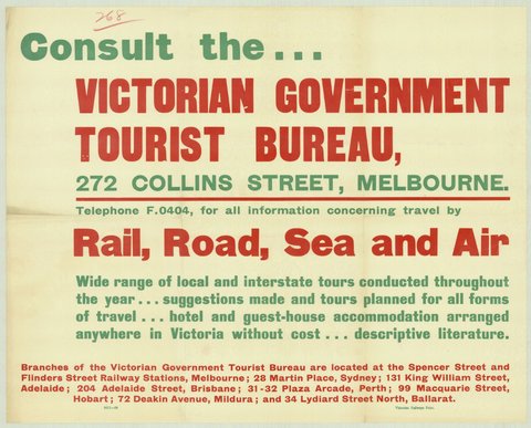 Consult the ? Victorian Government Tourist Bureau - 272 Collins Street Melbourne, 1935–42