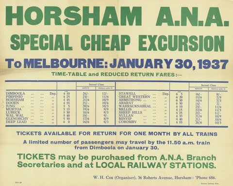 Horsham A.N.A. special cheap excursion to Melbourne: January 30 1937, 1935–42