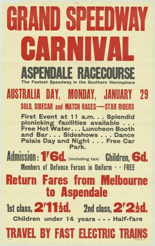 Grand speedway carnival - Aspendale racecourse - the fastest speedway in the southern hemisphere - Australia Day Monday January 29, 1935–42