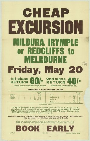 Cheap excursion - Mildura - Irymple or Redcliffs to Melbourne - Friday May 20, 1935–42
