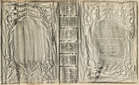 Rubbing of the front cover and spine of an album presented to Edward La Touche Bateman by the trustees of the Melbourne Public Library, 1867?