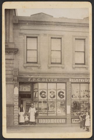 [F.P.C. Beyer's hairdressing saloon, 3 Simpson's Road, Collingwood, now 233 Victoria Street, Abbotsford], c. 1884