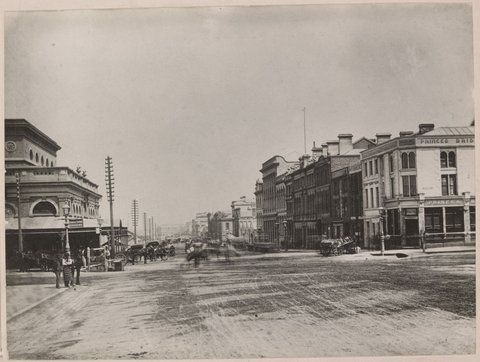 Flinders Street, Melbourne, looking west from Swanston Street, c. 1870