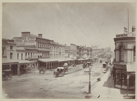 Bourke Street Melbourne, looking west from Swanston Street, showing south side of the street, c. 1880