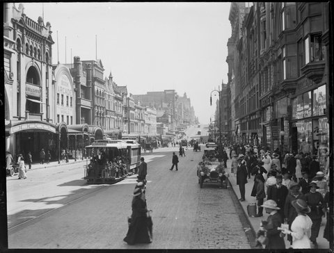 Bourke Street looking west from Swanston Street towards Elizabeth Street, c. 1916