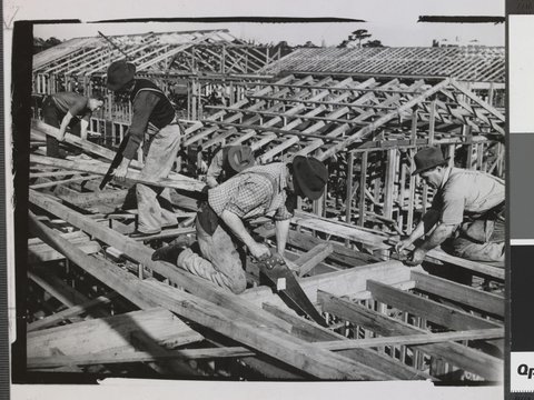 Erecting the new army barracks in the Albert Park near St. Kilda Football Ground, c. 1943