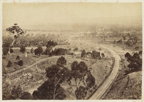 VIEW FROM THE BIG HILL, SHOWING THE LINE OF RAILWAY TO MELBOURNE, c. 1875