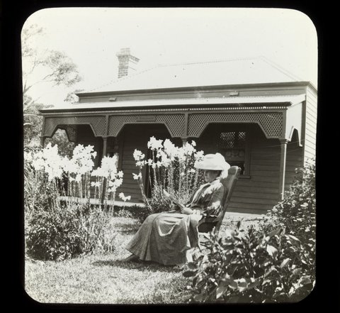 Georgina Wardell in garden "Ivanhoe" March 1906 [Sorrento] [slide]