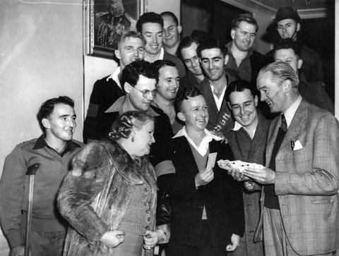 Two actors from "Blythe Spirit" entertain troops at Heidelberg Military Hospital, c. 1945