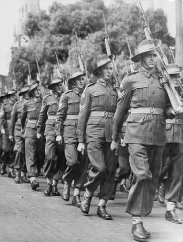 A.I.F. MARCHING IN VICTORY CONTINGENT MARCH through Melb. [i.e. Melbourne], c. 1946
