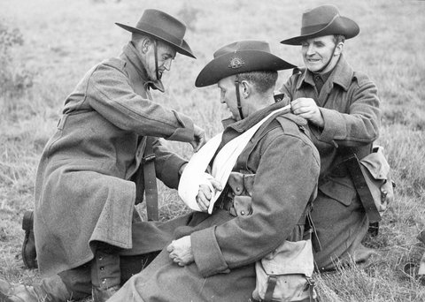 A.M.C. bandaging a "casualty", Braybrook, c. 1942