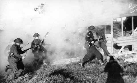 V.D.C. at Bentleigh assault & attack on a building under cover of smoke bombs, c. 1942