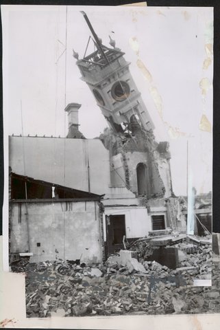 Old Tower Hotel, Burwood Road, Auburn, tower being pulled down, 1954