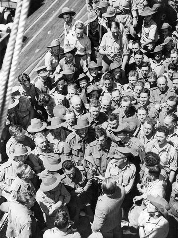 Group of 2nd A.I.F. men on board ship broadcasting from the deck before leaving Port Melbourne, c. 1941
