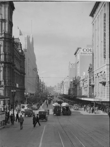 [Looking along Bourke Street, Melbourne, towards Parliament House], 1932