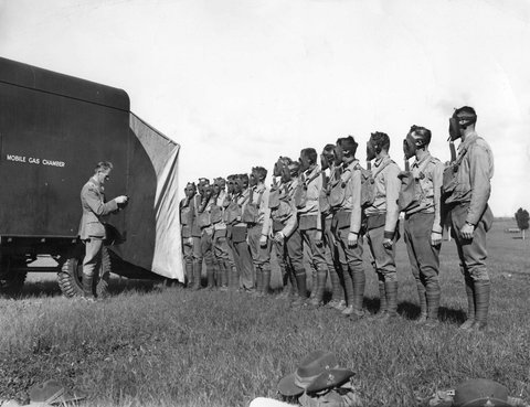 Testing of or training in the use of gas masks at a mobile gas chamber at Broadmeadows during World War II, c. 1939