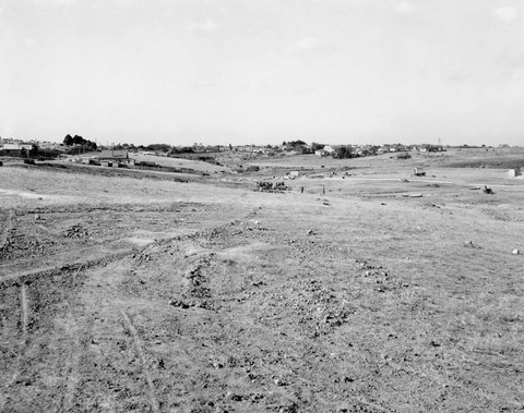 Site of the Coburg Housing Estate, with horse and cart in middle distance, looking towards Brunswick, 1945–49