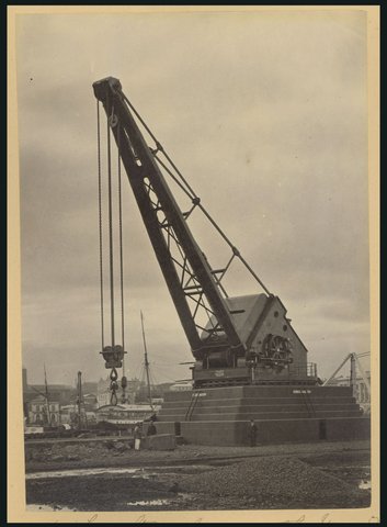 50 ton steam crane on the Yarra bank, [Melbourne, Vic.], c. 1870