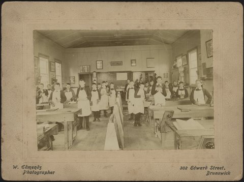 Interior of woodwork class, Sloyd Centre, Brunswick, c. 1912