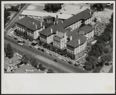Aerial view of the Chevron complex, St. Kilda Road, Melbourne, Victoria, 1950–54