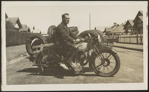 A. J. Pratt on motorbike in northern suburb of Melbourne, 1920–30