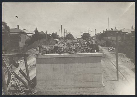 South Kensington to West Footscray, Pier 4 and retaining walls taken from top of pier 3, looking up Bunbury St, 1926