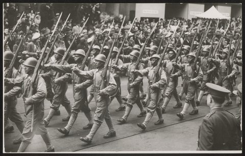 Members of the Netherlands East Indies army marching in Bourke Street, 1943