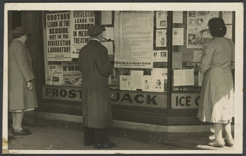 Shop window advertising British Union for Abolition of Vivisection, Melbourne Branch, 1940–50