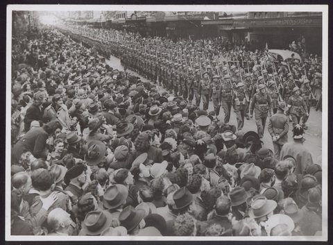 A.I.F. men marching in Bourke Street, Melbourne, 1942