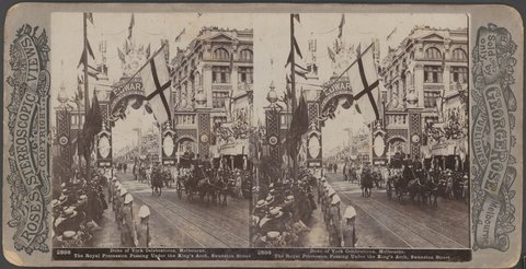 Duke of York Celebrations, Melbourne - The Royal Procession Passing Under the King's Arch, Swanston Street, c. 1901